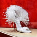 White Tassel Feather Long Straps Heels Girls Cute Open Buckle Sandal Summer Black Tassel-Tie Ankle Strap Slingback Red Sexy Shoe