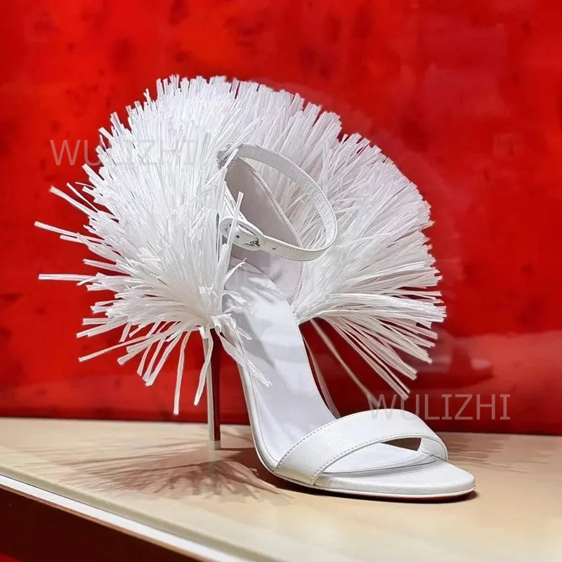White Tassel Feather Long Straps Heels Girls Cute Open Buckle Sandal Summer Black Tassel-Tie Ankle Strap Slingback Red Sexy Shoe