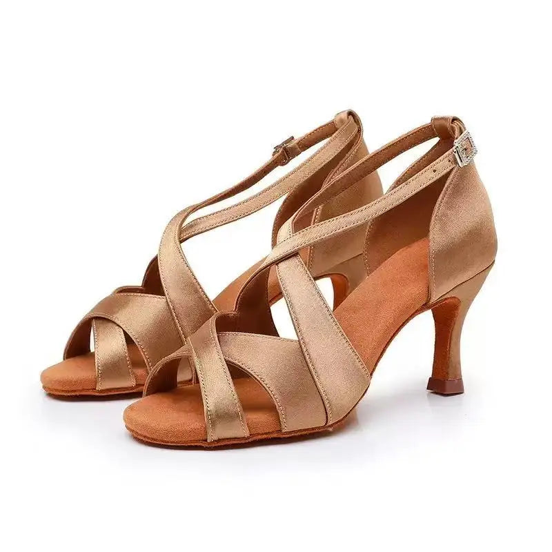 Latin Suede Dance Shoes for Womens New Rhinestone Buckle Soft Sole Ballroom Jazz Salsa Pumps Stage Professional Indoor Stiletto