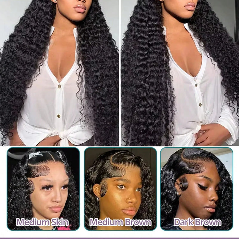 40 Inch Natural Black Water Deep Wave Human Hair Wigs For Women, 13x4 13x6 HD Transparent Lace Frontal Wig 200 Density Pre Plucked Glueless Lace Front Wig