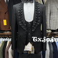 Gorgeous Sparkly Beaded Men's Suit Set 3 Pieces Banquet Party Wear,Black Jacquard Slim Fit Suits For Men Wedding Groom Sets