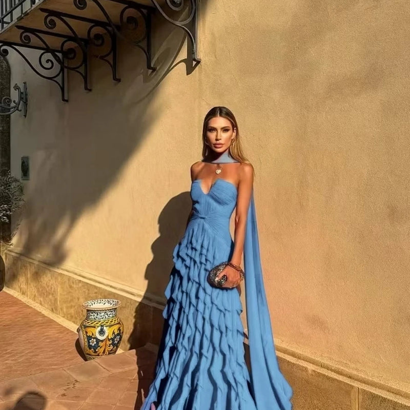 Halter Long Train Evening Gown Sweetheart Multi Layer | SAMAG