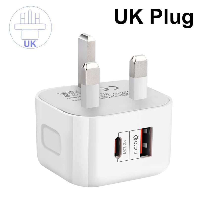 USB Type C PD 20W QC 3.0 Fast Charger Portable Wall Charger Adapter For iPhone 17 16 15 Pro Xiaomi Huawei Samsung EU US UK Plug