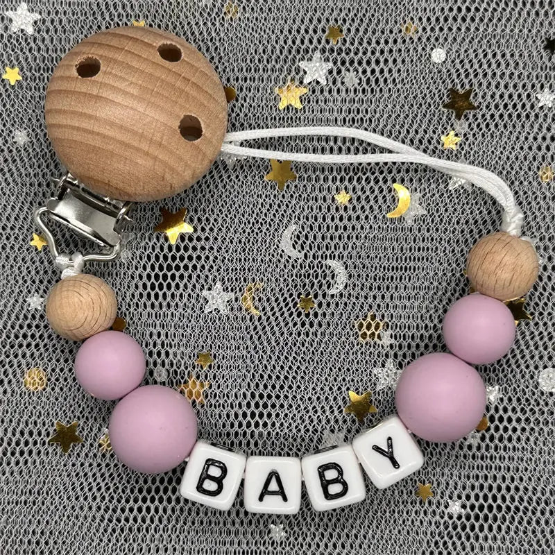 Free Custom Personalized Name Pacifier Clips Handmade Beech Wood Chain Silicone Crown Holder Soother Baby Teething Toy Chew Gift