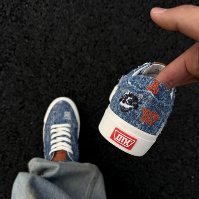 Washed Ripped Denim Blue Low‑Top Canvas Skate Shoes | SAMAG