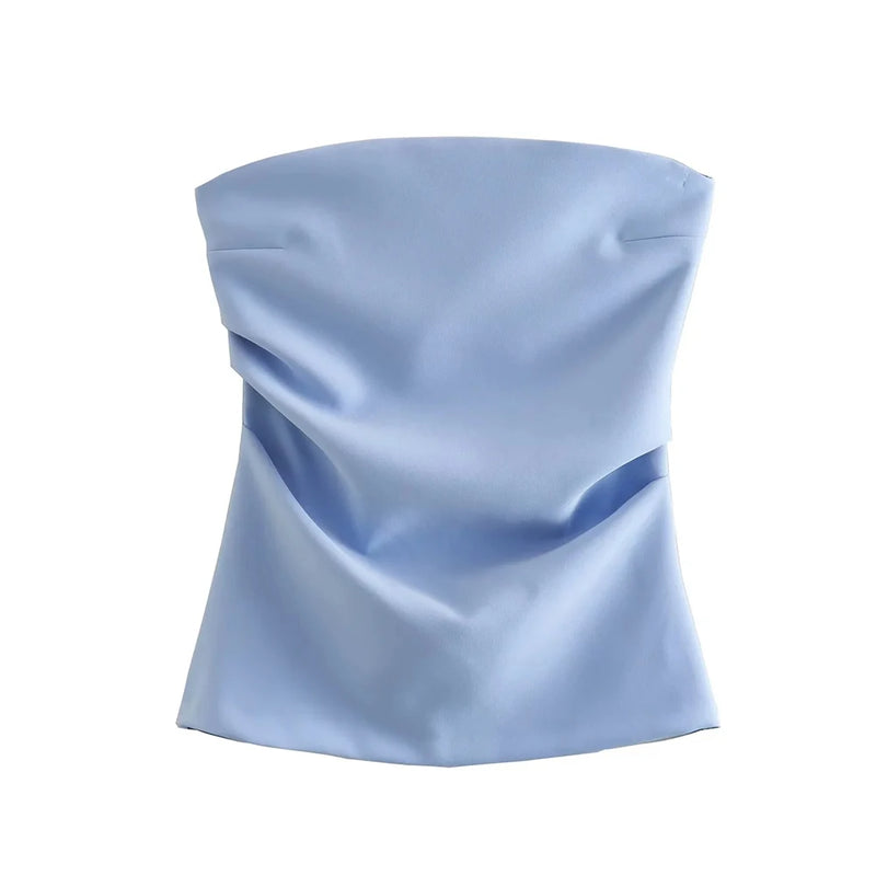 Strapless Draped Bustier Tops for Women, Straight Neck, Back Zipper, Female Camis, Fashion