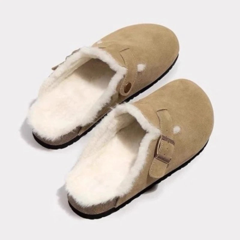 Women's Suede Fleece Lined Clogs with Buckle Warm Winter Mules Slippers Cork Sole Cow Suede Flat with Potato Shoes Beach