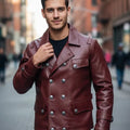 Mens English Gothic Black Leather Trench Coat Military Officer Classic