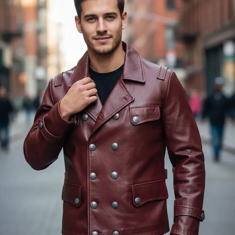 Mens English Gothic Black Leather Trench Coat Military Officer Classic