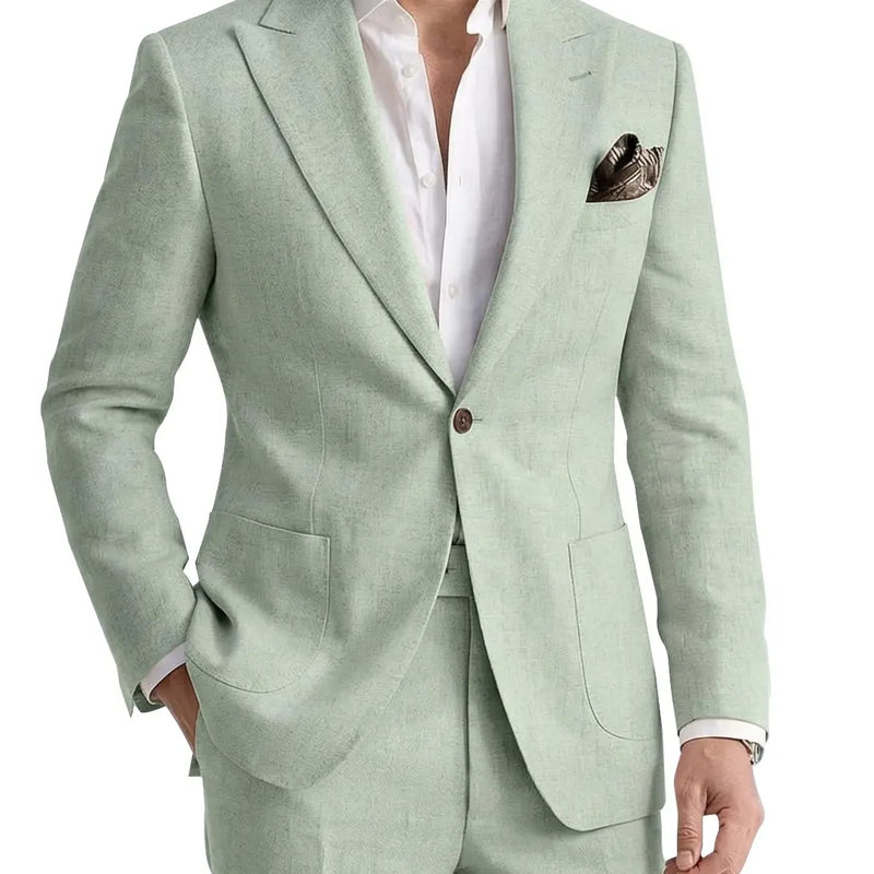 Men's 2 Pieces Linen Suits Casual Lightweight Summer Beach Groom Wedding Suit Linen Blazer Pants Set