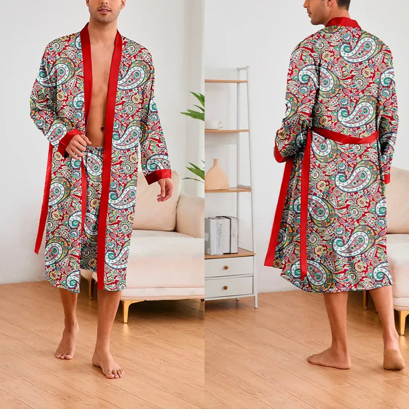 Men's Ice Silk Sleepwear Two-piece Set Kimono Bathrobe Gown Long Robe Pajamas Set Print Tiger Loose Casual Homewear Lounge Wear
