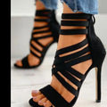 Women's Sandals Elastic Band Cross High Heels Sexy Peep Toe Pumps Summer New Back Zipper Sandals Black Pointed Toe Women Shoes