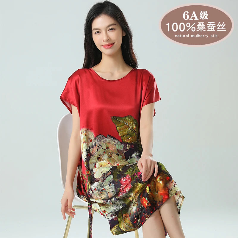 19MM 100% Mulberry  Silk Dress Pajamas Sleeping Home Dress Nightwear Women's Loose Plus Size  Short Sleeve Summer  40-80kg