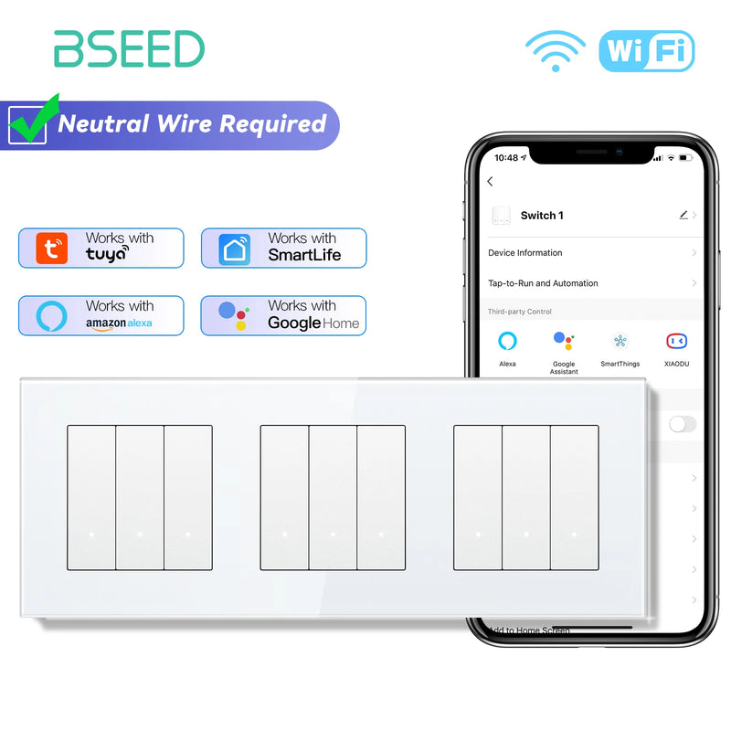 BSEED WIFI Light Switch 1/2/3/4Gang 2Way Smart Click Button Switch Glass Panel White LED Indicator Tuya Smart Life Alexa Control