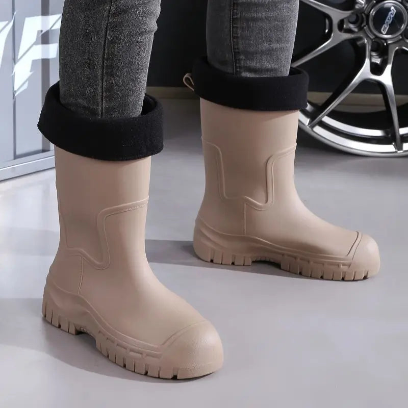 Stylish Men's Tall Rain Shoes New Cinch-Top Waterproof Non-Slip Mid-Calf Boots for Work Fishing Kitchen Use