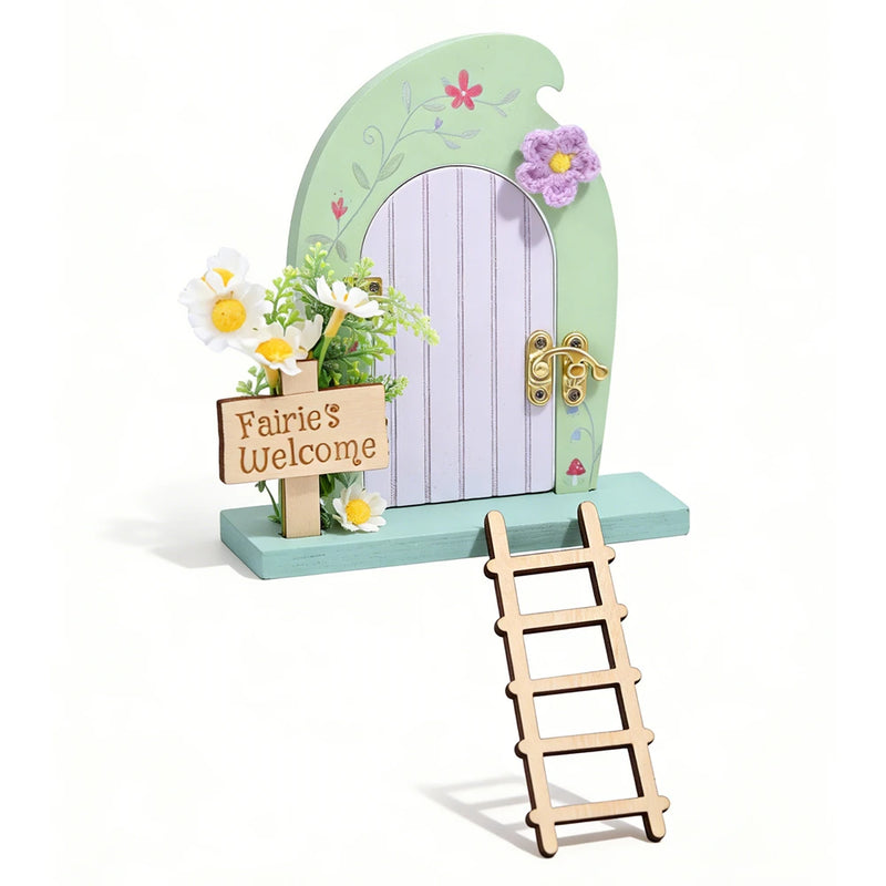 Fairy Garden Door Decor Set – Wooden Fairy Door with Plant, Crochet Flower, Ladder, Sign, Water-Based Paint, Nursery Decor