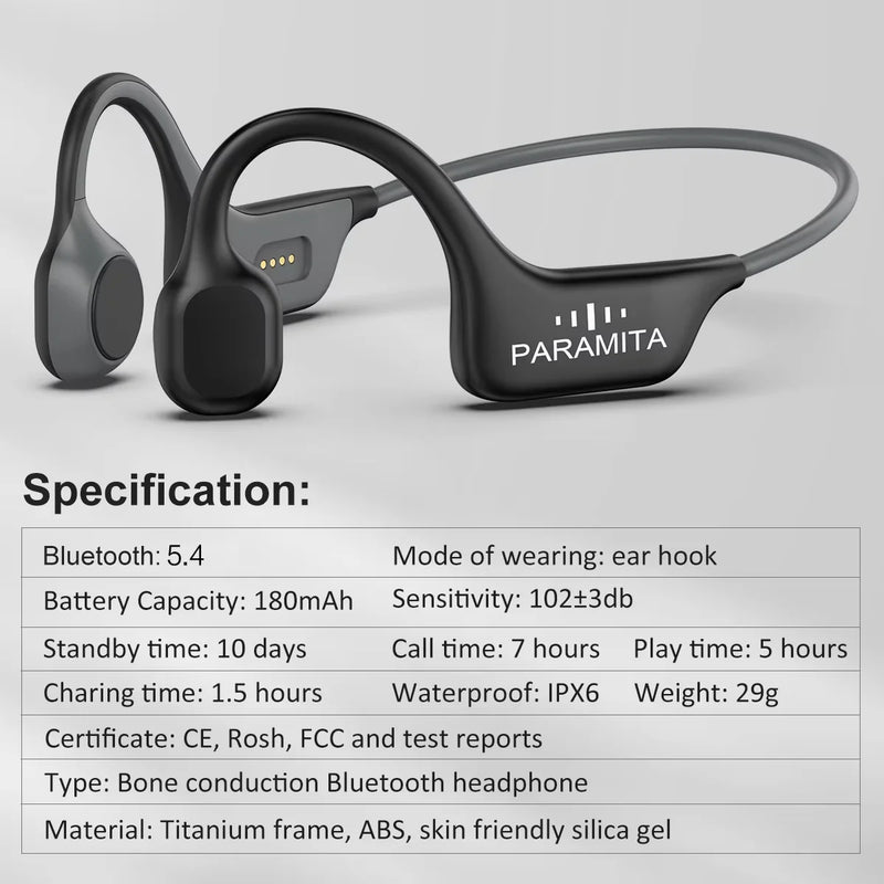 PARAMITA Real Bone Conduction Headphones Bluetooth Wireless Earphones Waterproof Sports Headset with Mic for Workouts Running