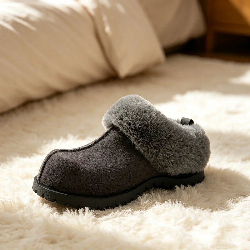 2026 Autumn Winter New Women Round Toe Flannel Closed Toe Slippers Retro Platform Slippers Plush Warm Non Slip Outdoor Slides