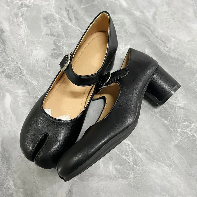 Ballet Style Fashion Split toe Mary Janes Women Pumps Comfortable Soft Leather Thick High heels Spring Summer Tabi Chunky Shoes