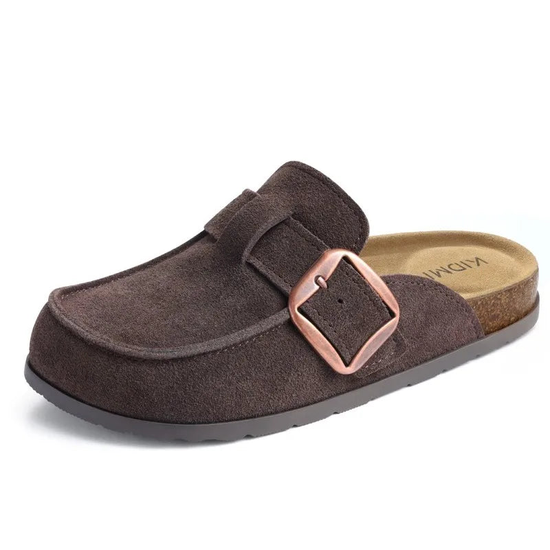 Crestar Women's Genuine Suede Clogs Outdoor Memory Foam Cork Footbed Leather Mules With Adjustable Buckle Lady Slip On Slippers