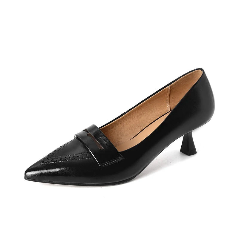 style new apricot high heels thin heel cowhide kitten heel middle mouth one pedal pointed single shoes women's super large size