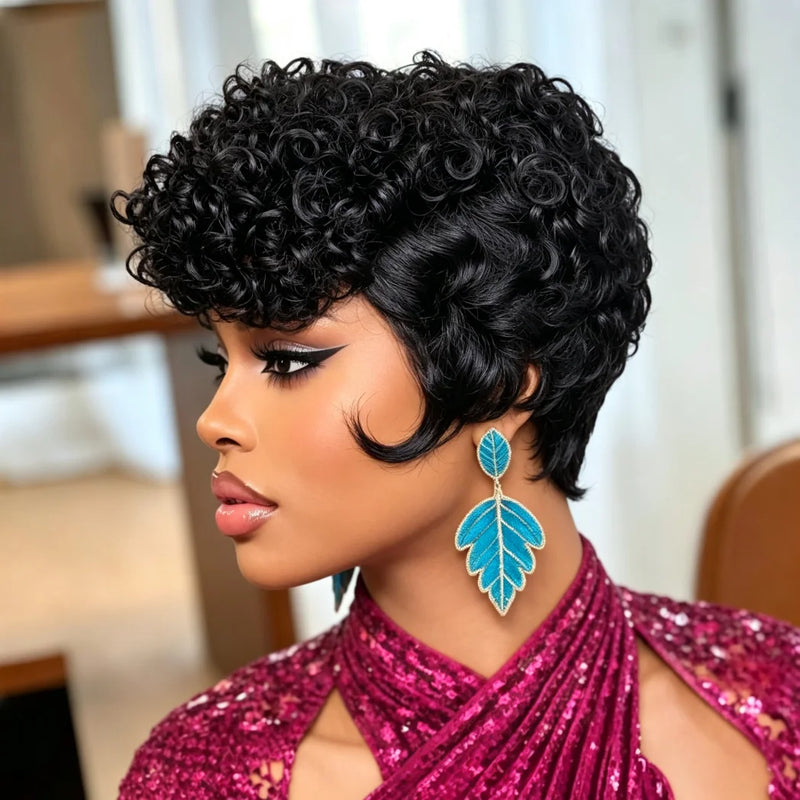 Full Machine Made Short Curly Human Hair Wig, Natural Black Pixie Cut Bob Wigs for Women, Soft Human Hair Short Curls Daily