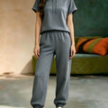 Women Letter Print 2 Piece Tracksuit Set, Short Sleeve Hooded Top & Elastic Waist Jogger Pants, Casual Loose Matching Loungewear Outfit For Daily Street Wear