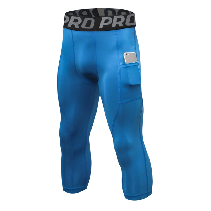 Mens 3/4 Compression Pants Basketball Running Tights Quick Dry Workout Leggings with Pockets Gym Sports Base Layer