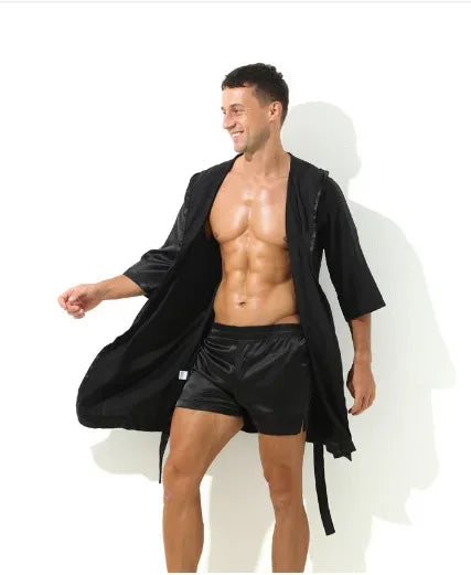 Men Bathrobe Pajamas Nightgown Hooded Loose Satin Silk Sleepwear Cardigan Gown Bath Robe Nightwear Male Sleep Bottoms Home Robes
