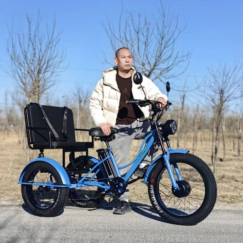 Fat Tire Electric Tricycle Adults With Passengers Powerful 48V 750W Family Electric Bicycle Removable Battery With Safe Belt