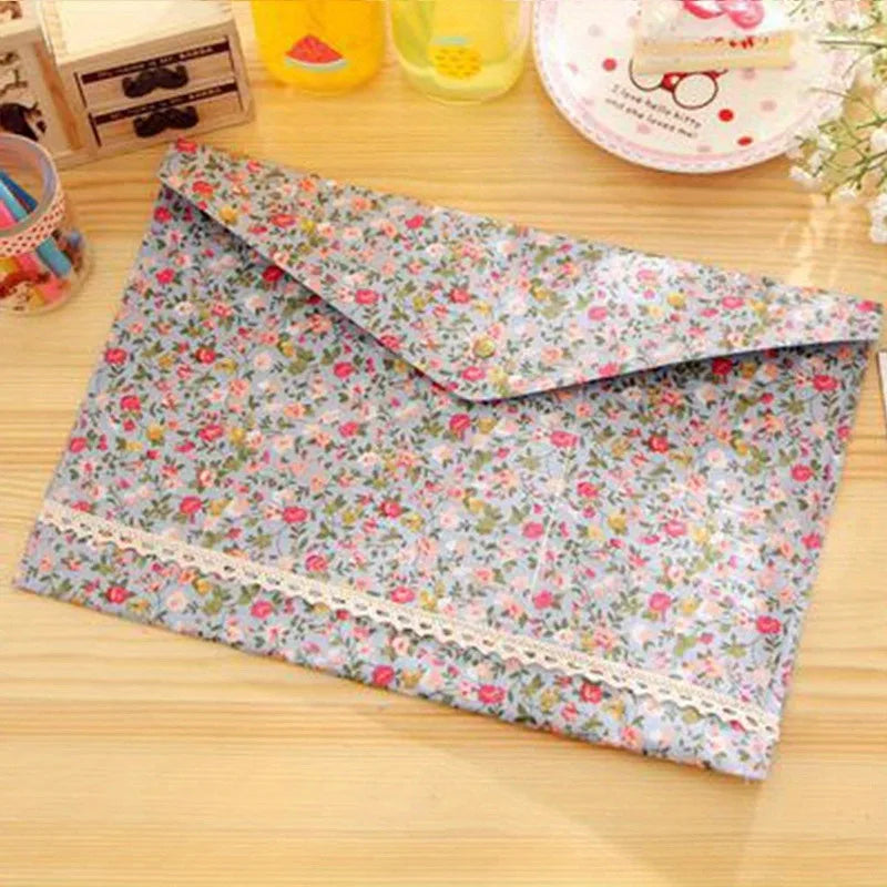 1PC A4 File Folder Elegant Little Flowers Fabric Paper Holder Floral Large Capacity Document Bag Filing Briefcase Organizer Bag