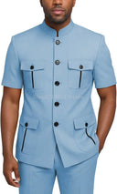 Mens Safari Suit 2 Piece Short Sleeve Suits for Men Regular Fit Stand Collar Suit African Clothes