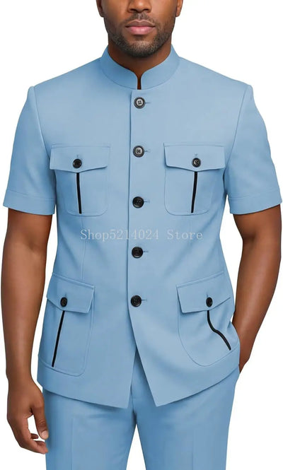 Men's Safari Suit Short Sleeve for Regular Fit Stand | SAMAG