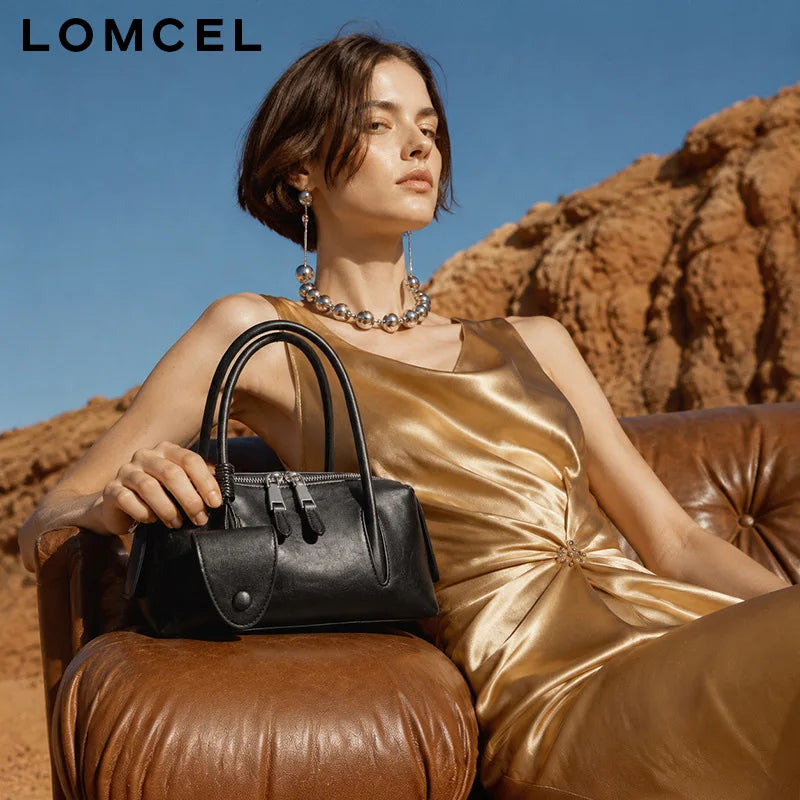 LOMCEL 632 Leather shoulder crossbody bag for daily use 2026 new model Boston pillow bag, top layer of cowhide bowling bag