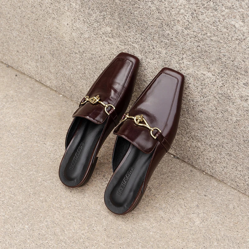 Premium Handmade Genuine Leather Cowhide Women's Shoes,Square Toe Low Heel Women Mules,Fashion Casual Women Slippers
