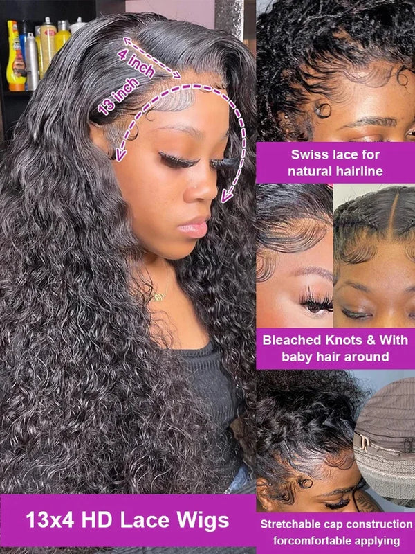 Water Wave 13x4 13x6 Lace Front Wigs Human Hair 250 Density Transparent Curly Wave Lace Front Wig 40 44 Inch Deep Wave For Women