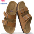 KZZO Waterproof Genuine Leather Mules for Women Non Slip Clog Shoes Outdoor Home Comfort Slip On Flat Double Adjustable Strap