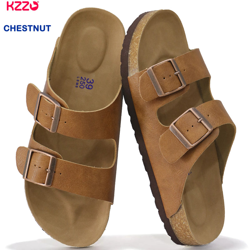 KZZO Waterproof Genuine Leather Mules for Women Non Slip Clog Shoes Outdoor Home Comfort Slip On Flat Double Adjustable Strap