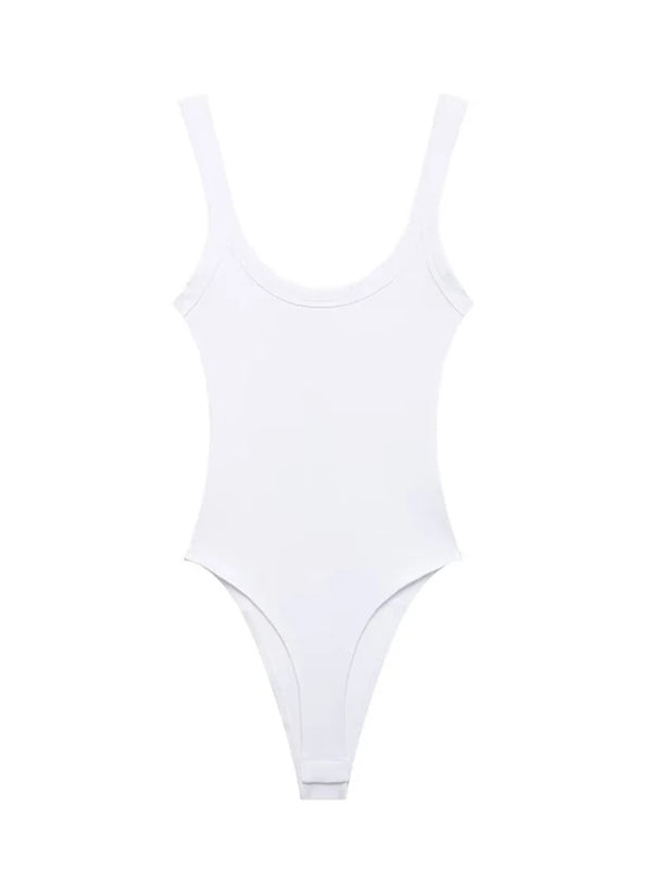Women's Skinny Ribbed Bodysuits O Neck Straps Snap-Button Sexy Fashion Female Playsuits Comfortable Stretchy Clothing