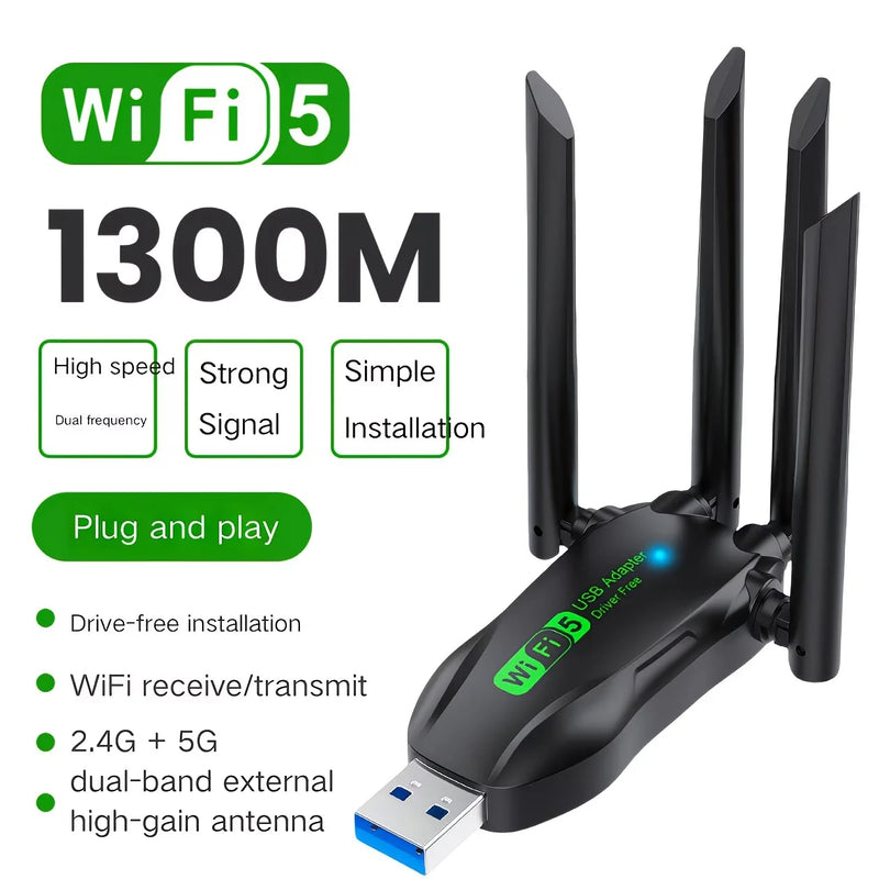 WiFi 5 Wireless Network Card 1300M Dual Band 2.4G&5GHz USB 3.0 High - Speed Adapter Driver Free For - Visuel 2 | SAMAG