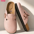 KZZO Waterproof Genuine Leather Mules for Women Non Slip Clog Shoes Outdoor Home Comfort Slip On Flat Adjustable Strap White