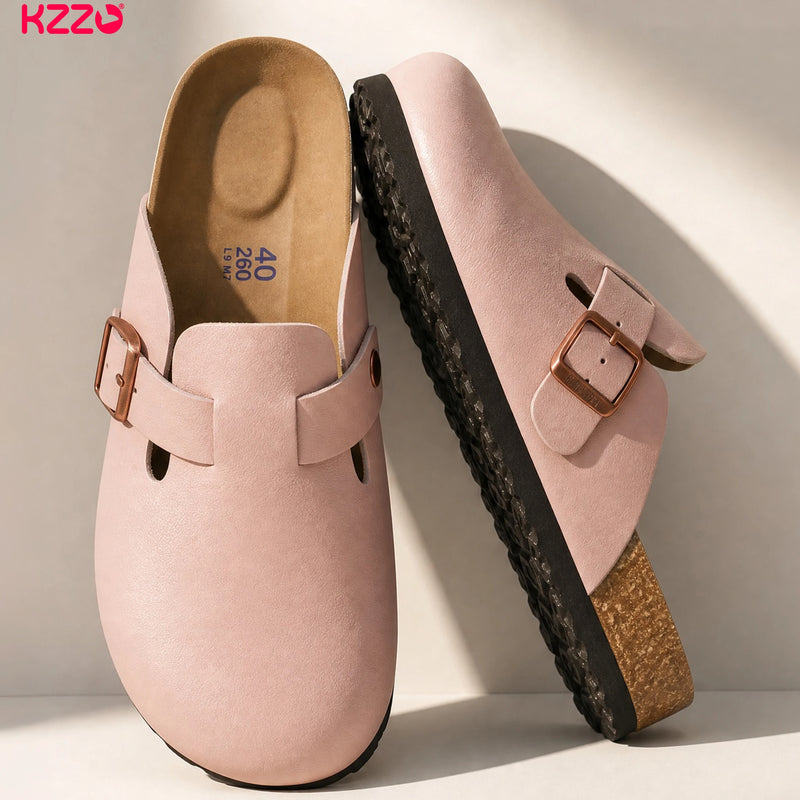 KZZO Waterproof Genuine Leather Mules for Women Non Slip Clog Shoes Outdoor Home Comfort Slip On Flat Adjustable Strap White
