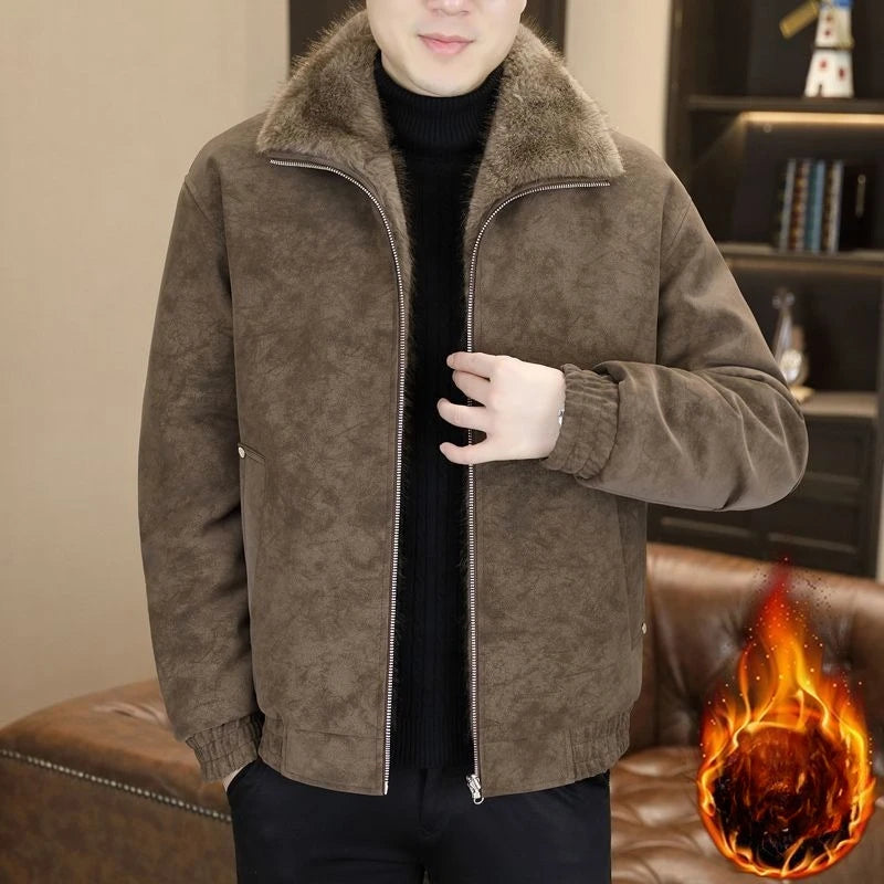 Winter Fleece and Thickened Leather Jacket for Men with A Fur Collar Warm and Casual American High-end Faux Fur One-piece Jacket