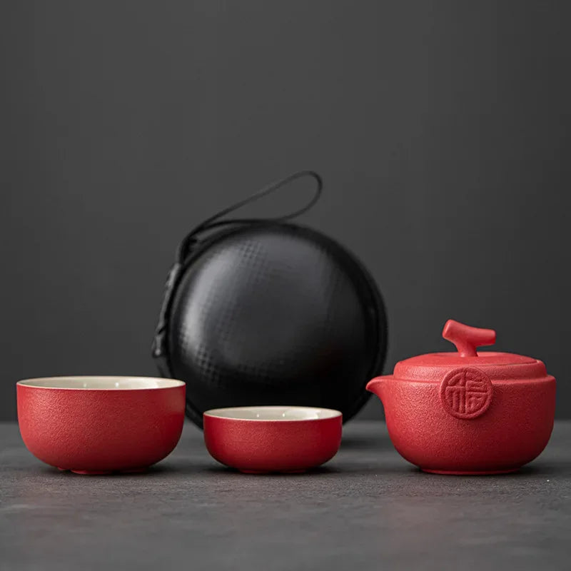Ceramic Gongfu Travel Tea Set, Gorgeous Chinese Teapot Set with 2 Tea Cups, Portable Carrying Case