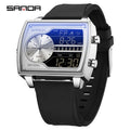 Sanda Men's Watch Fashionable Multifunctional Luminous Waterproof，Three Time Zones, Alarm Clock, Dual Display Electronic Watch