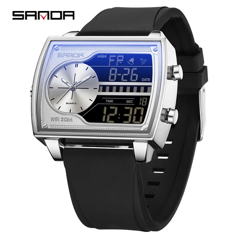 Sanda Men's Watch Fashionable Multifunctional Luminous Waterproof，Three Time Zones, Alarm Clock, Dual Display Electronic Watch
