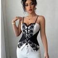 Women's Black White Lace Embroidery Cami Top V-Neck Spaghetti Strap Slim Fit Corset Style Camisole for Party, Daily & Club Wear