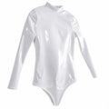 Ftshist Women Glossy PU Leather Bodysuit Long Sleeve High Neck Back Zipper Tight Fit Stretchy Club Cosplay Dance Costume