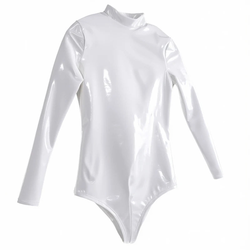 Ftshist Women Glossy PU Leather Bodysuit Long Sleeve High Neck Back Zipper Tight Fit Stretchy Club Cosplay Dance Costume