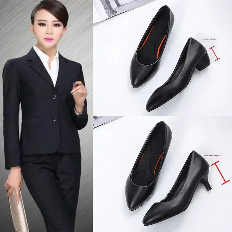 2023 New Women's High Heels Pointed Toe Professional Versatile Work Shoes Black Leather Single Shoes Polyurethane Sole
